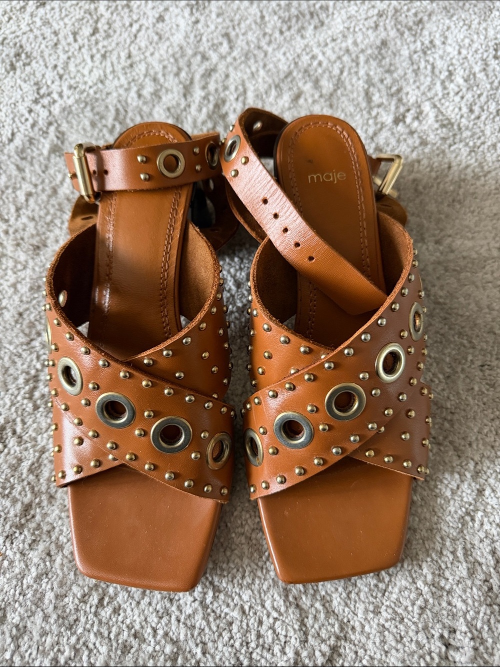 Maje Brown Leather Grommet Stud Sandals